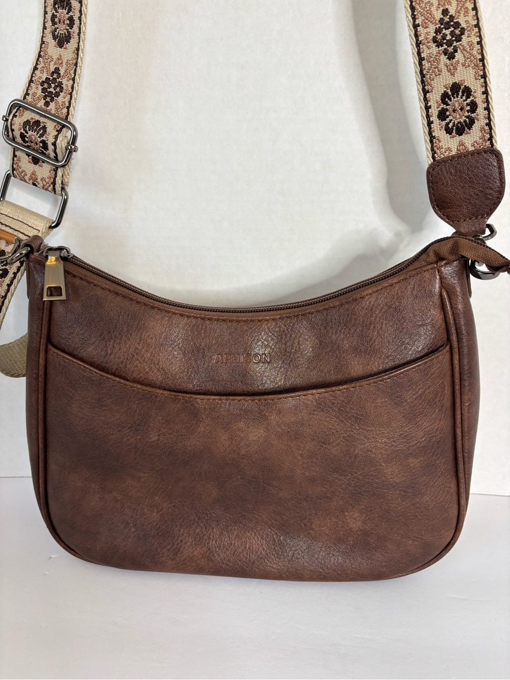 APHISON Brown Faux Leather Crossbody with Floral Woven Strap